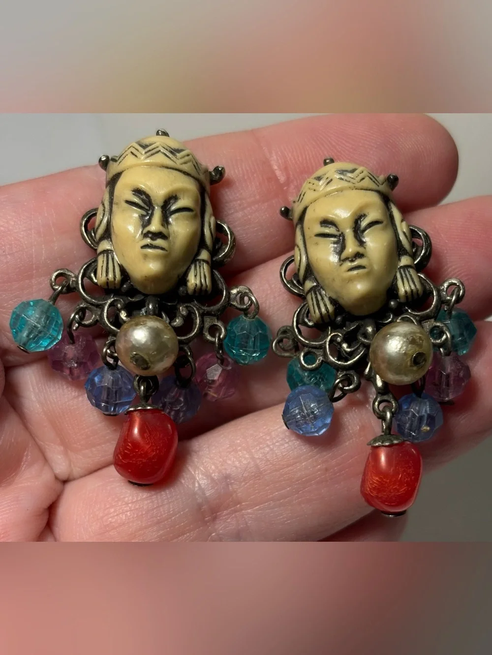 Signed Selro Asian Princess Face Clip Earrings Dangle 1.5” Vintage - Picture 8 of 8